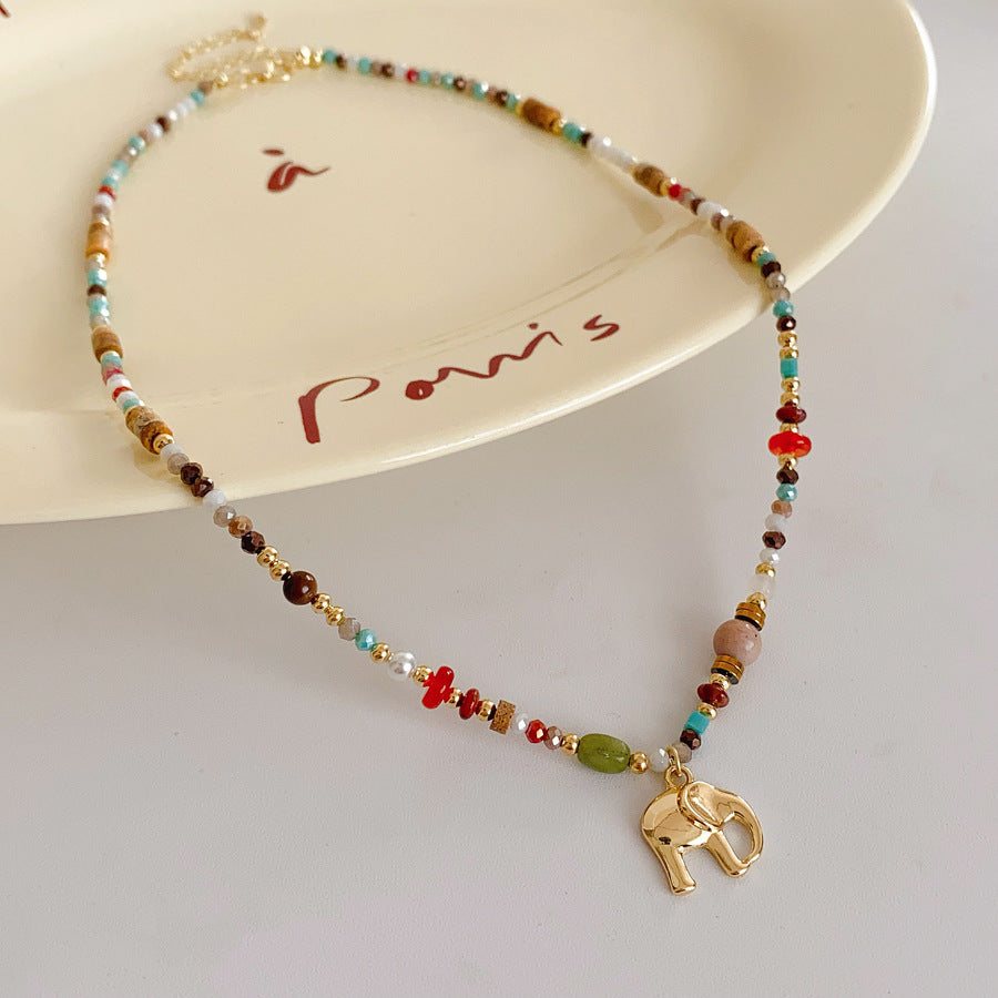 Elephant charm colorful glass bead necklace – vintage ethnic collarbone chain light luxury women’s jewelry