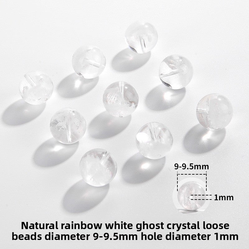 Clear quartz crystal rounds with white phantom inclusions and faint rainbow flash — Frostbow Atrium (7–14 mm).