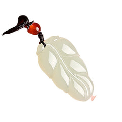 Hetian (nephrite) white jade leaf pendant close-up – Golden Bough, 38×21×8 mm