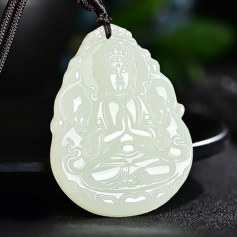Hetian (nephrite) white jade Guanyin pendant close-up – Lotus Mercy, 57×44×7 mm