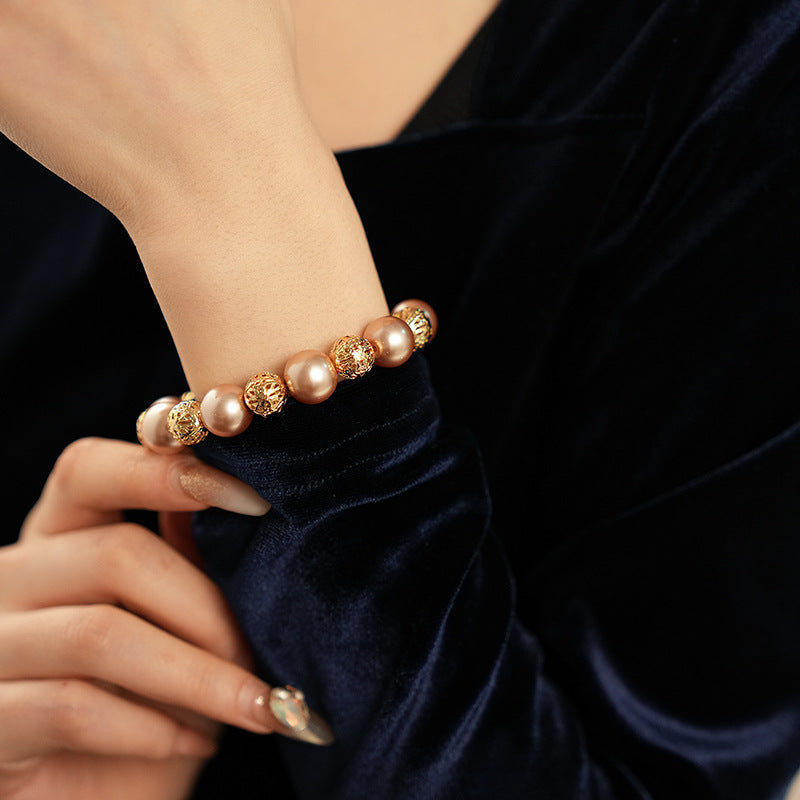 Regal Filigree Pearl Collection – champagne pearl necklace, bracelet, and earrings set by Glazenya