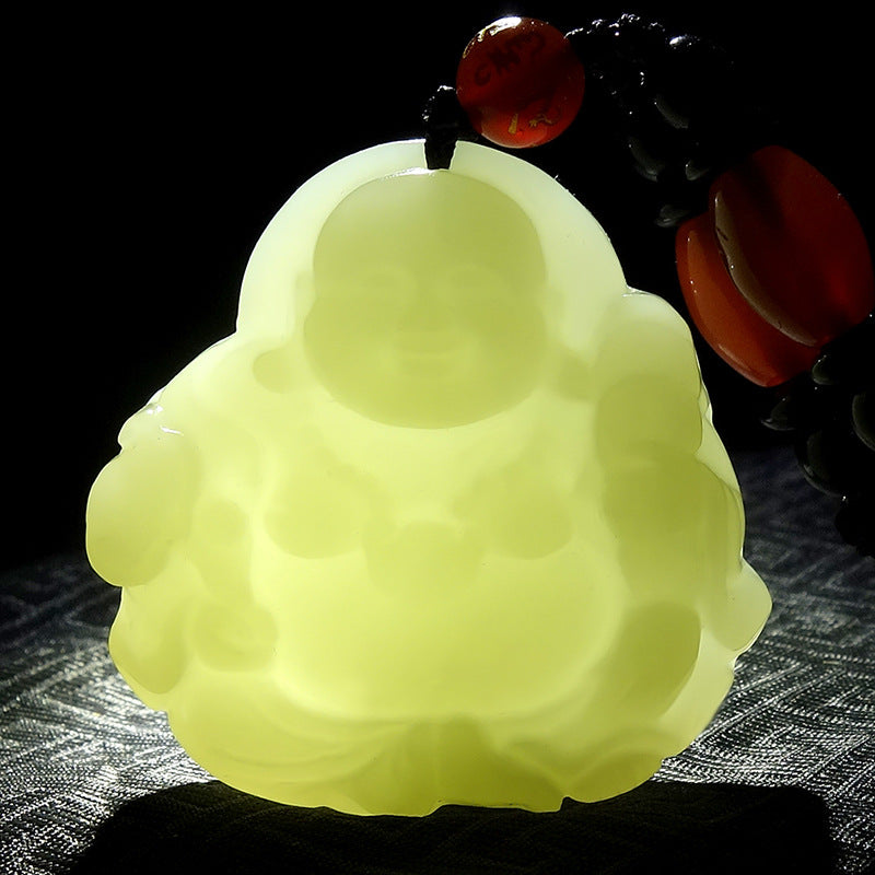 Hetian (nephrite) white jade Buddha pendant close-up – Prospering Joy, 41×41×11 mm