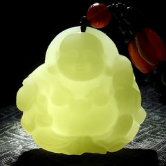 Hetian (nephrite) white jade Buddha pendant close-up – Prospering Joy, 41×41×11 mm