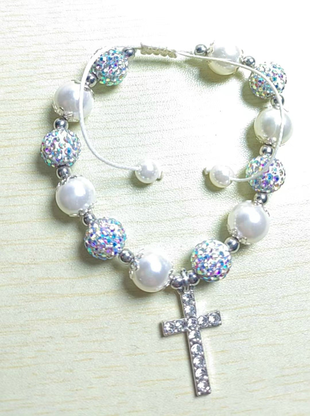 Blessed Pearl Cross Charm Bracelet — First Communion & Baptism Gift