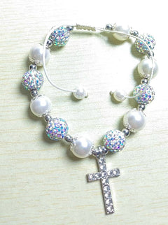 Blessed Pearl Cross Charm Bracelet — First Communion & Baptism Gift