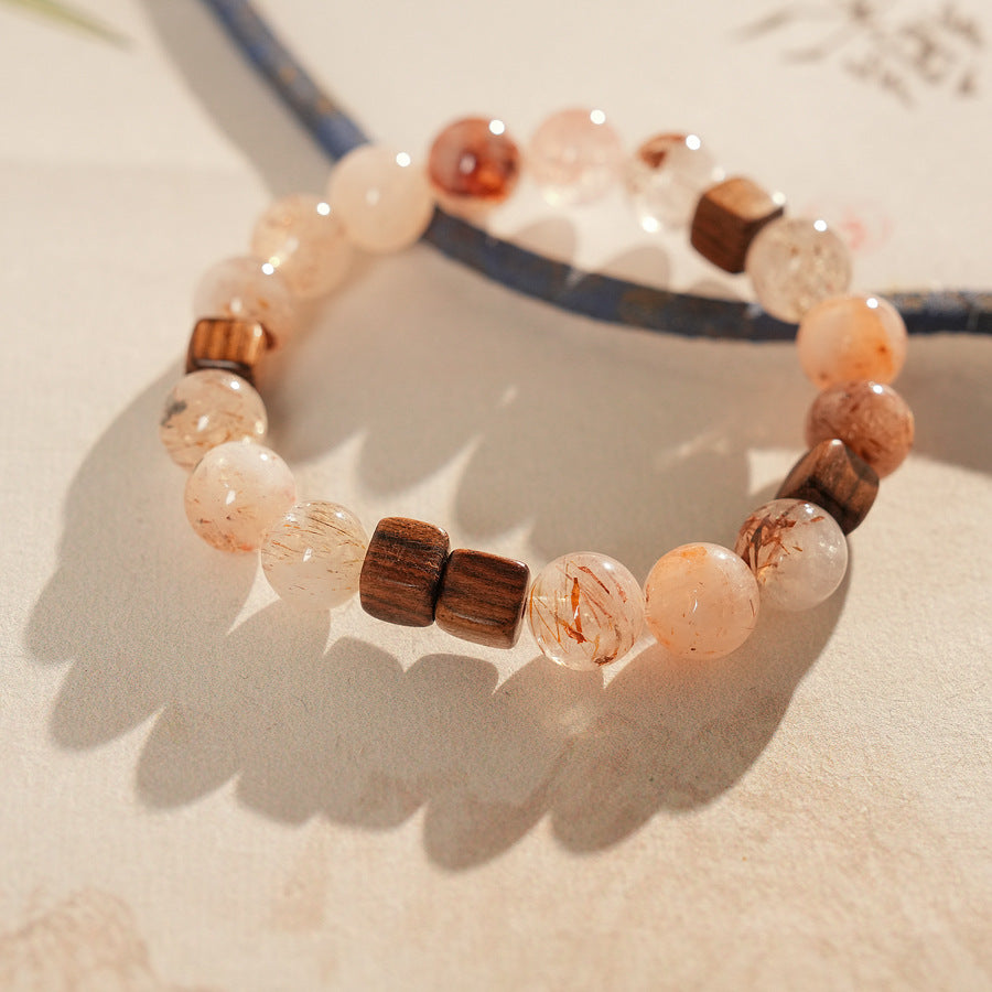 Natural rutilated quartz and sandalwood beaded bracelet — Amberwood Harmony Bracelet by Glazenya.