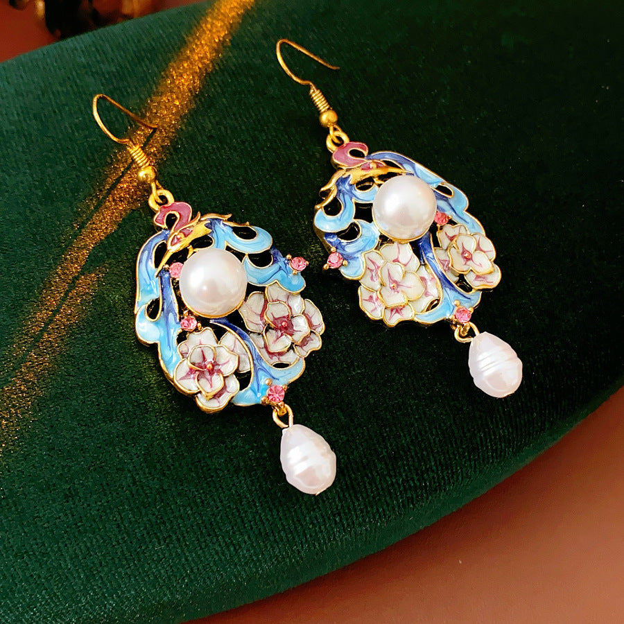 Vintage enamel floral drop earrings with imitation pearls and pink rhinestone accents — Enchanted Blossom Pearl Earrings.