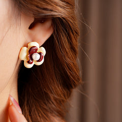 Floral enamel stud earrings with pearl center, white and red petals, 2 cm, silver-tone posts