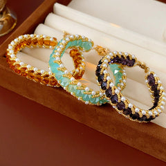 Braided glass-pearl and crystal bracelet with gold extender chain in Coffee Amber/Violet/Jade Green — Braided Pearl Crystal Bracelet.