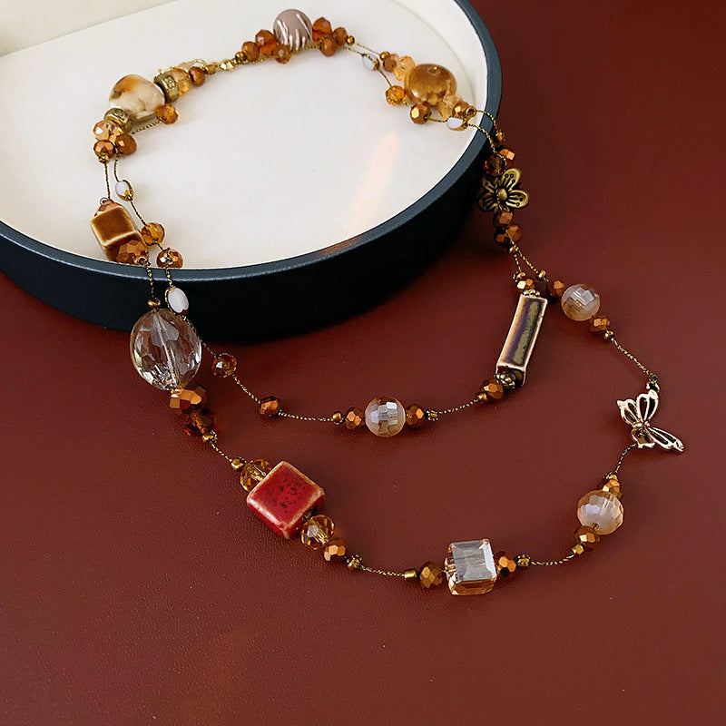 Glazenya Retro Ethnic Geometric Ceramic Long Necklace — handcrafted brown ceramic sweater chain with high-end autumn winter ethnic style design.