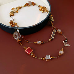 Glazenya Retro Ethnic Geometric Ceramic Long Necklace — handcrafted brown ceramic sweater chain with high-end autumn winter ethnic style design.