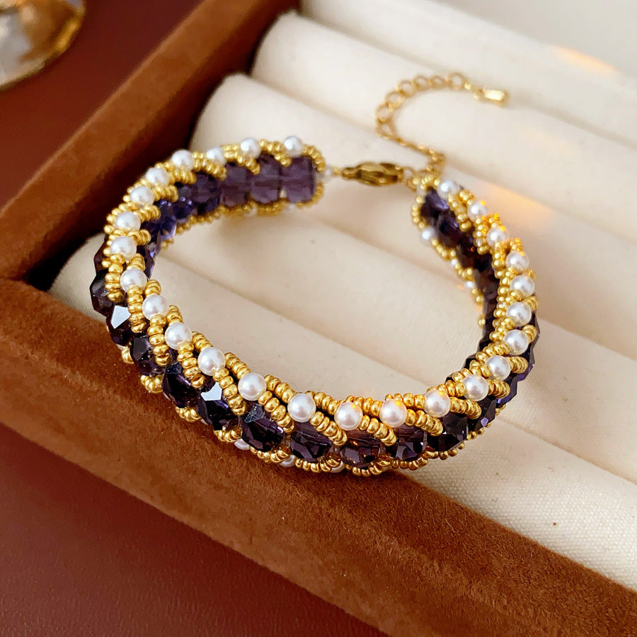Braided glass-pearl and crystal bracelet with gold extender chain in Coffee Amber/Violet/Jade Green — Braided Pearl Crystal Bracelet.