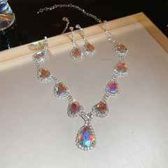 Glazenya Celestial Leaf Zircon Drop Jewelry Set — colorful water-drop zircon stones with leaf motifs; light-luxury necklace set with matching earrings and bracelet/ring variants