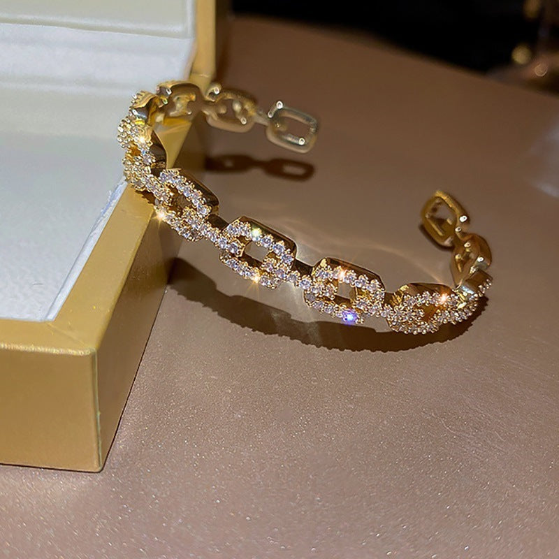 Dazzling Zircon Letter Bangle with copper base and zircon inlay – trendy cold chic jewelry

