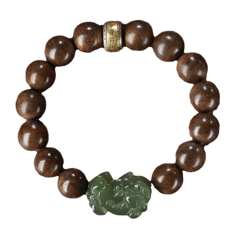 Hetian jade Pixiu charm with deep agarwood beads — Jade Guardian Bracelet
