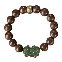 Hetian jade Pixiu charm with deep agarwood beads — Jade Guardian Bracelet