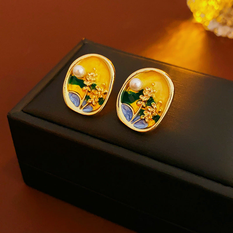 Oval enamel stud earrings in sunlit meadow colors with a pearl accent and gold rim — Sunlit Meadow Pearl Enamel Studs.