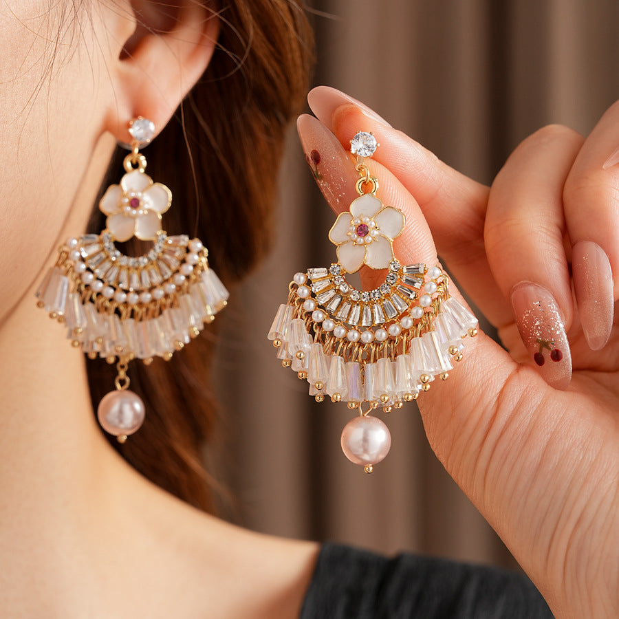Floral fan chandelier earrings with layered crystal fringe and pearl drops — Blossom Fan Pearl Fringe Earrings.