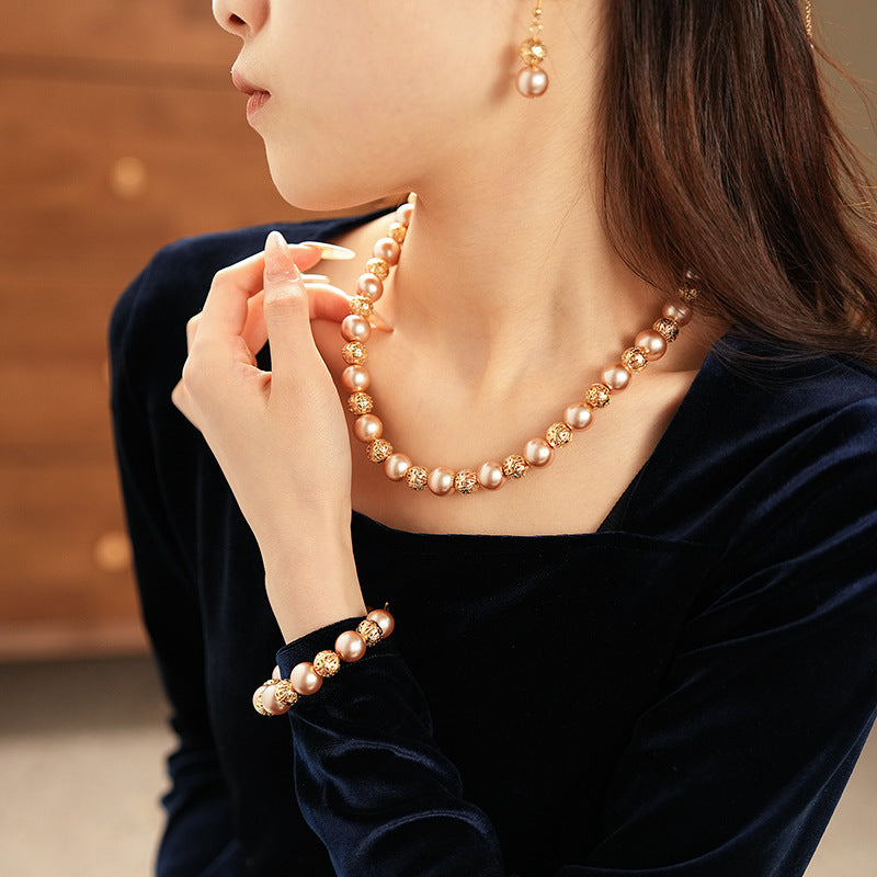 Regal Filigree Pearl Collection – champagne pearl necklace, bracelet, and earrings set by Glazenya