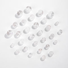 Clear quartz crystal rounds with white phantom inclusions and faint rainbow flash — Frostbow Atrium (7–14 mm).