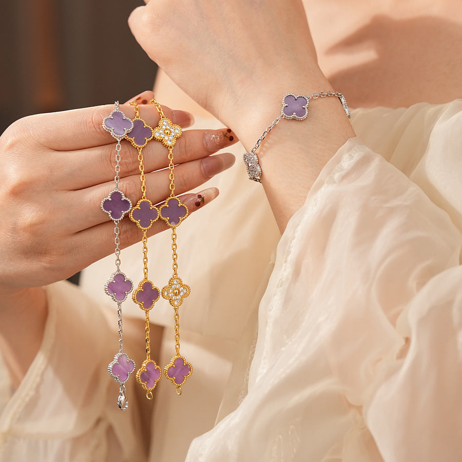 Violet Fleur Elegance Bracelet with violet clover motifs and golden beaded frames on chain