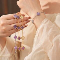Violet Fleur Elegance Bracelet with violet clover motifs and golden beaded frames on chain