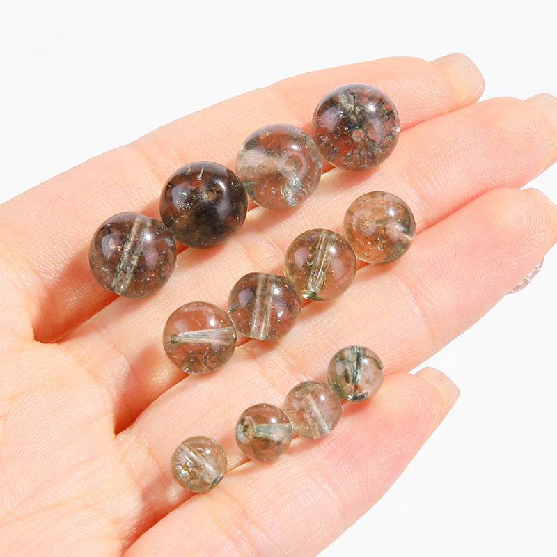 Green Phantom Quartz round beads with moss-like inclusions, polished finish, sizes 6/8/10 mm — Verdant Phantom.