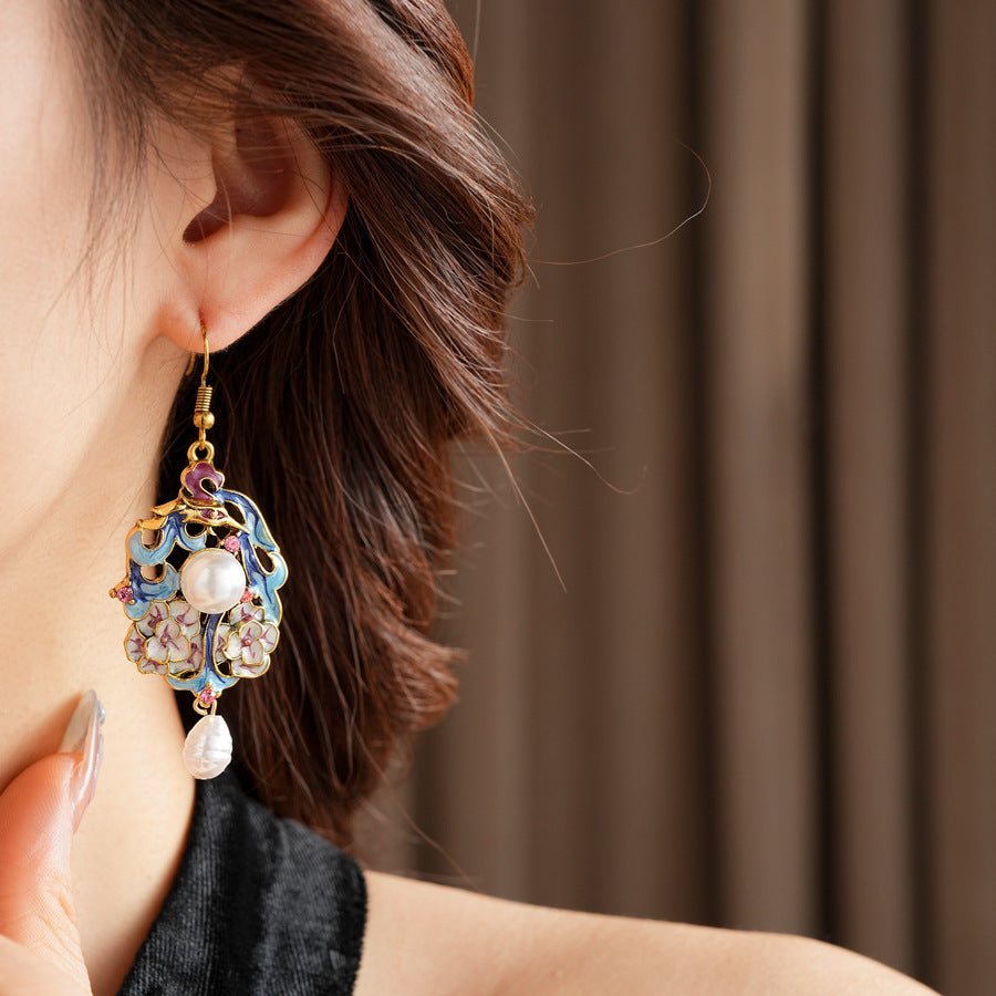 Vintage enamel floral drop earrings with imitation pearls and pink rhinestone accents — Enchanted Blossom Pearl Earrings.
