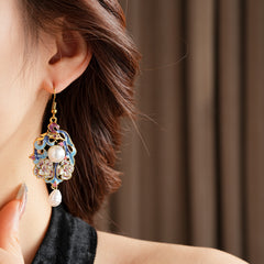 Vintage enamel floral drop earrings with imitation pearls and pink rhinestone accents — Enchanted Blossom Pearl Earrings.