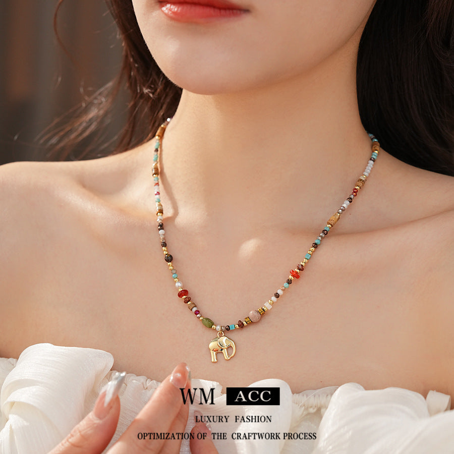 Elephant charm colorful glass bead necklace – vintage ethnic collarbone chain light luxury women’s jewelry