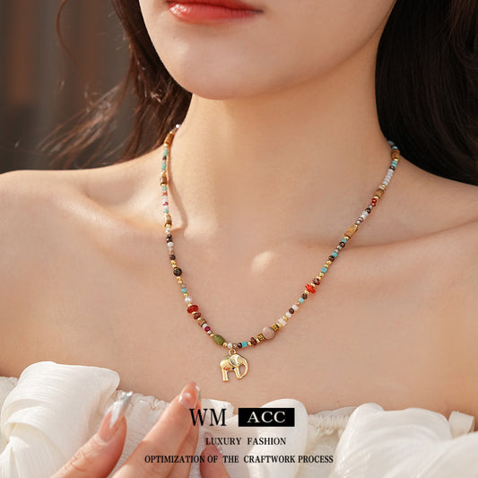 Elephant charm colorful glass bead necklace – vintage ethnic collarbone chain light luxury women’s jewelry