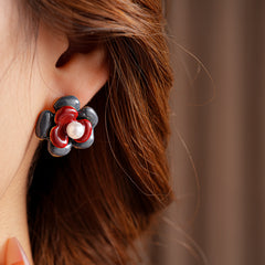 Floral enamel stud earrings with pearl center, white and red petals, 2 cm, silver-tone posts