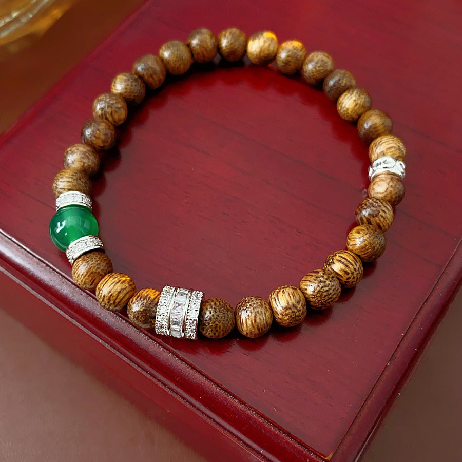 Natural agarwood beaded bracelet with green agate centerpiece and pavé spacers — Verdant Agarwood Bracelet by Glazenya.