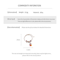 Kawaii Charm Story Bracelet with cartoon cat, burger, camera, and bell charms on silver-tone bead chain