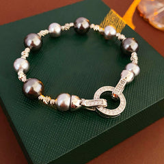Noir Halo Link Pearl Bracelet with grey pearls and pavé halo clasp – Glazenya
