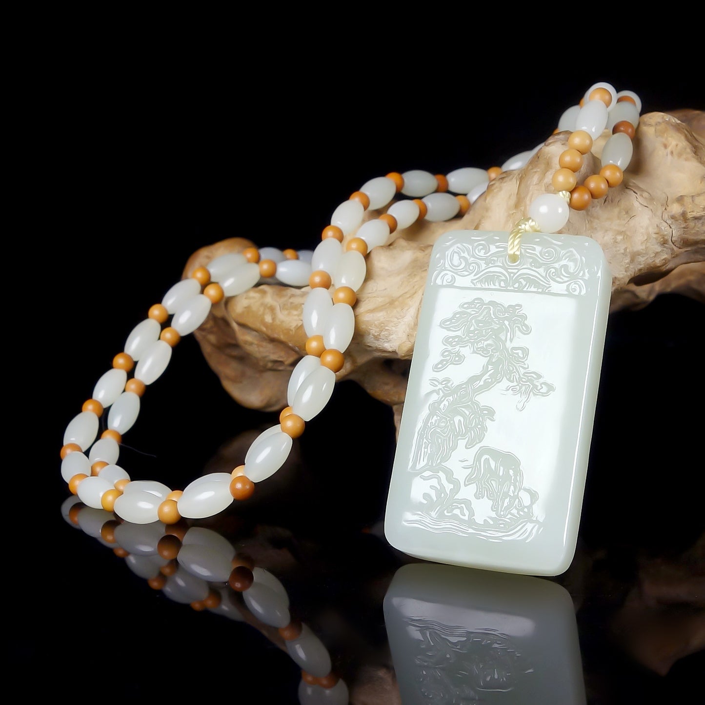 Hetian nephrite jade landscape plaque pendant – whispering pines carving, 51x28x8mm