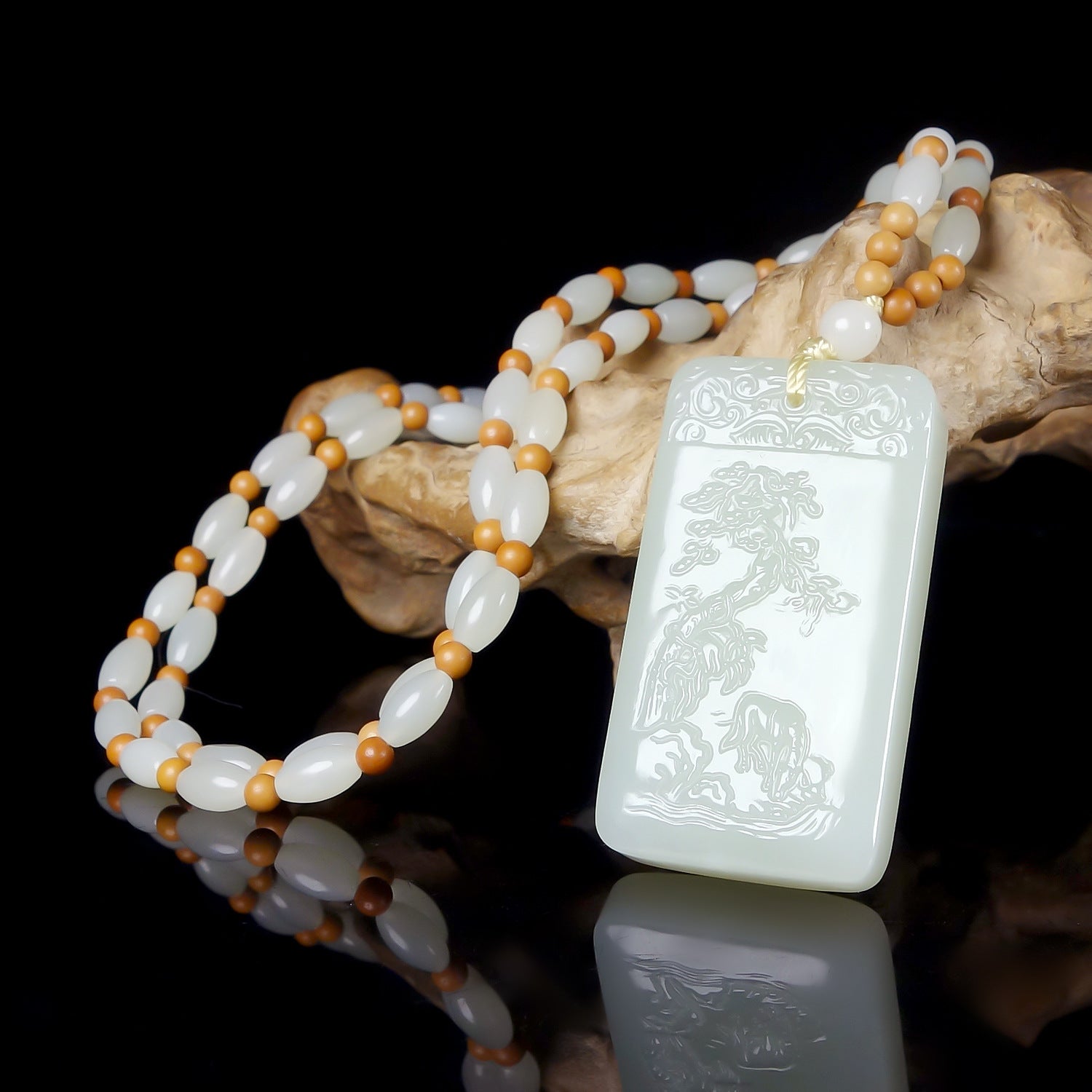 Hetian nephrite jade landscape plaque pendant – whispering pines carving, 51x28x8mm