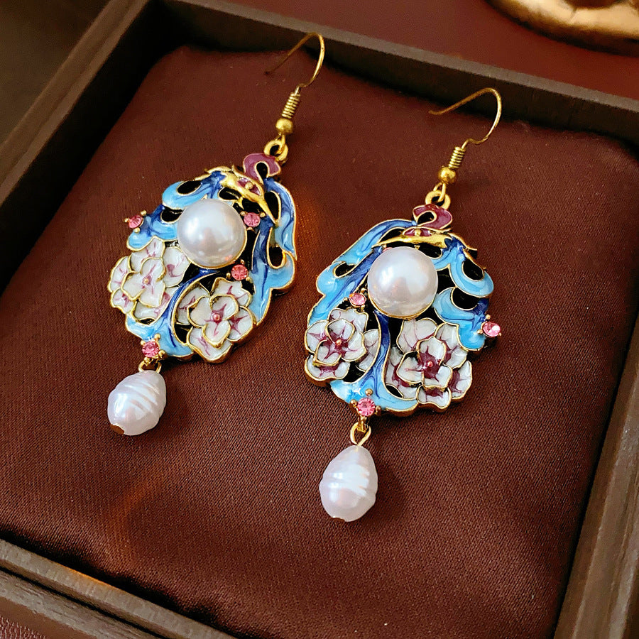 Vintage enamel floral drop earrings with imitation pearls and pink rhinestone accents — Enchanted Blossom Pearl Earrings.