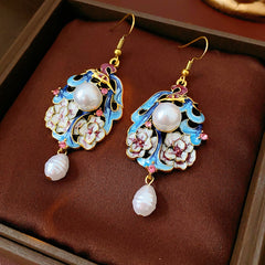 Vintage enamel floral drop earrings with imitation pearls and pink rhinestone accents — Enchanted Blossom Pearl Earrings.