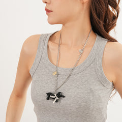 Silver-tone chain necklace with glossy resin dachshund pendant — Coffee and Black options — Dapper Dachshund Charm Necklace.