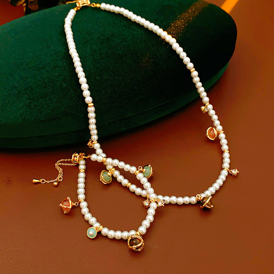 Fleur de Pearl Luxe Set with pearl necklace and matching zircon-accented bracelet, elegant and romantic
