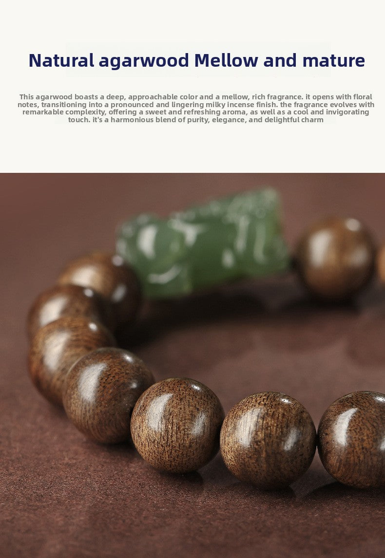 Hetian jade Pixiu charm with deep agarwood beads — Jade Guardian Bracelet
