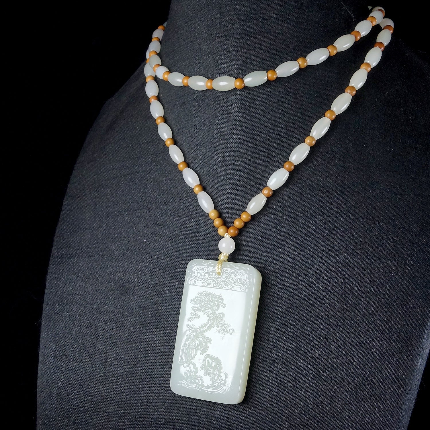 Hetian nephrite jade landscape plaque pendant – whispering pines carving, 51x28x8mm