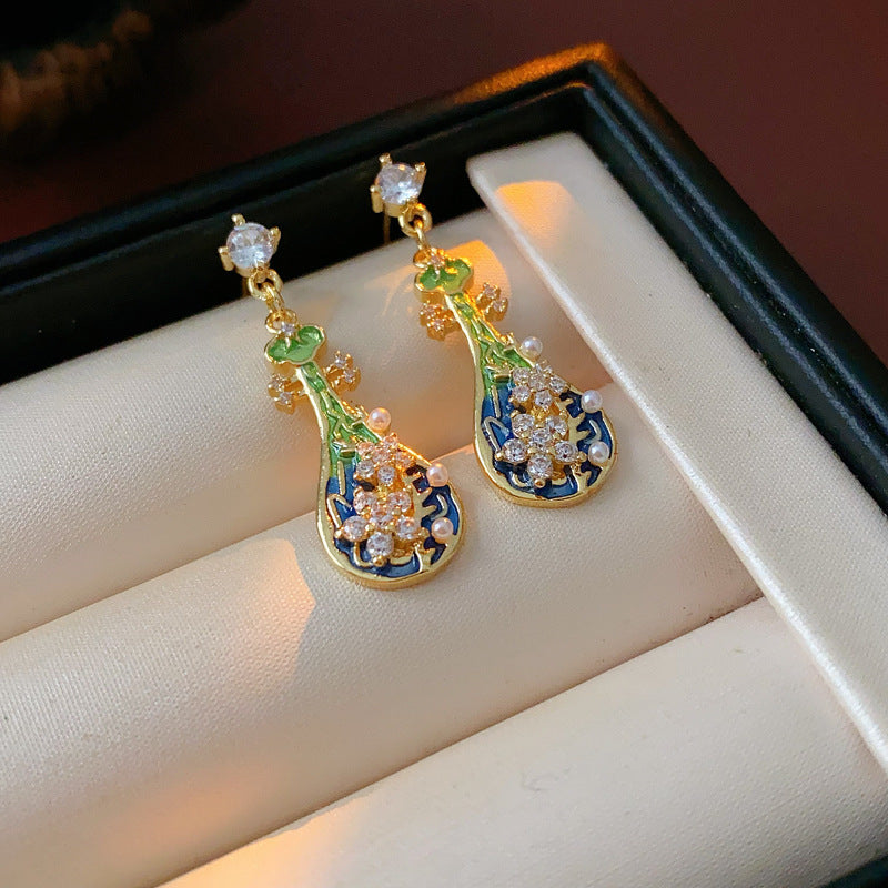 Gold-tone filigree drop earrings with green and blue enamel lute motifs, accented by zircons and tiny pearls — Verdant Lute Filigree Drops.