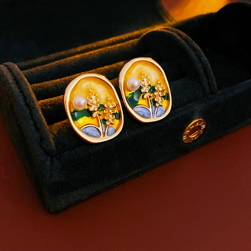 Oval enamel stud earrings in sunlit meadow colors with a pearl accent and gold rim — Sunlit Meadow Pearl Enamel Studs.