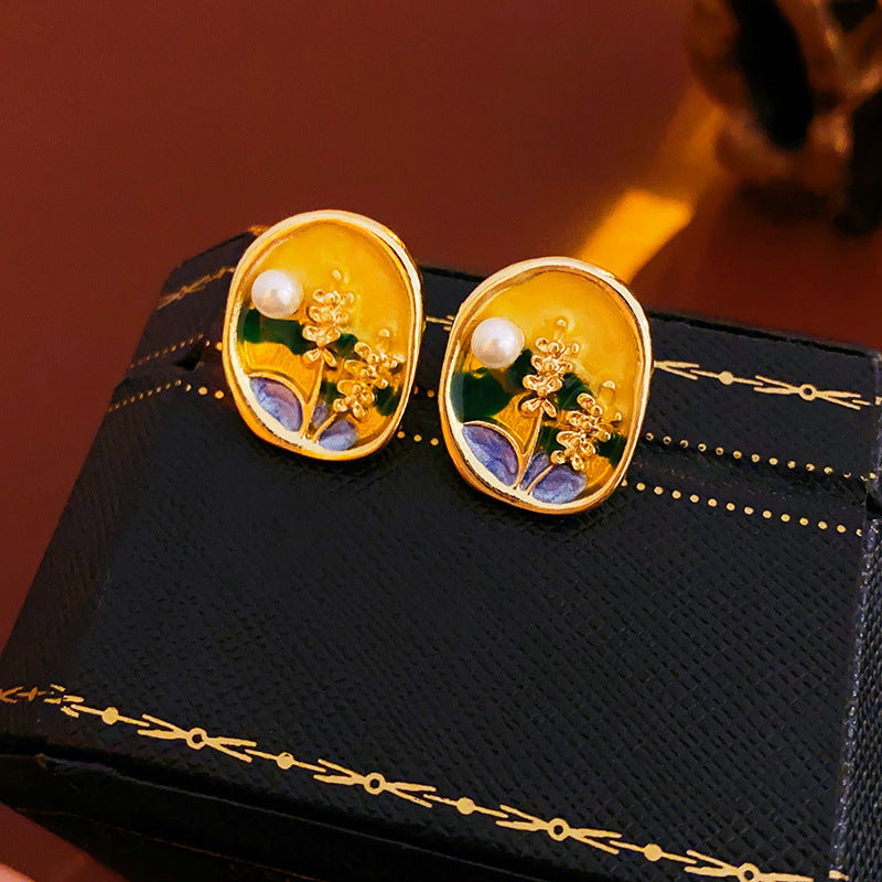Oval enamel stud earrings in sunlit meadow colors with a pearl accent and gold rim — Sunlit Meadow Pearl Enamel Studs.
