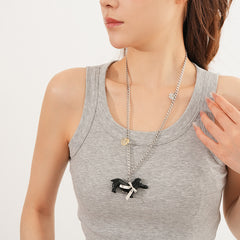 Silver-tone chain necklace with glossy resin dachshund pendant — Coffee and Black options — Dapper Dachshund Charm Necklace.