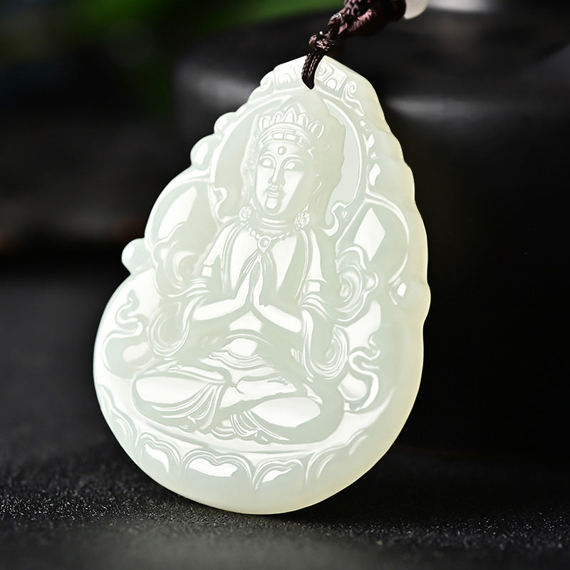 Hetian (nephrite) white jade Guanyin pendant close-up – Lotus Mercy, 57×44×7 mm