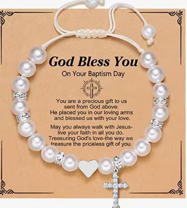 Blessed Pearl Cross Charm Bracelet — First Communion & Baptism Gift