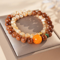 Dual-strand natural stone bracelet with amber centerpiece and shell beads in warm brown and beige tones – Glazenya light luxury jewelry